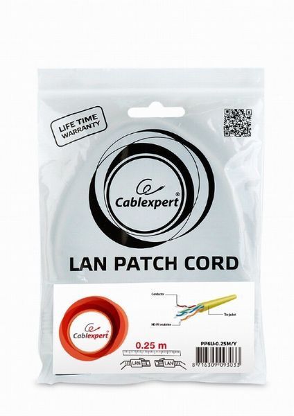 Патч-корд Cablexpert UTP Cat. 6 0.25 м PVC Желтый (PP6U-0.25M/Y) H00000135401 фото