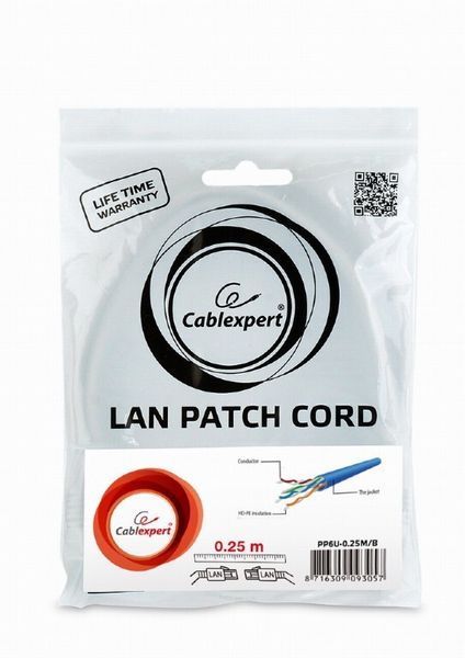 Патч-корд Cablexpert UTP Cat. 6 0.25 м PVC Синий (PP6U-0.25M/B) H00000100742 фото
