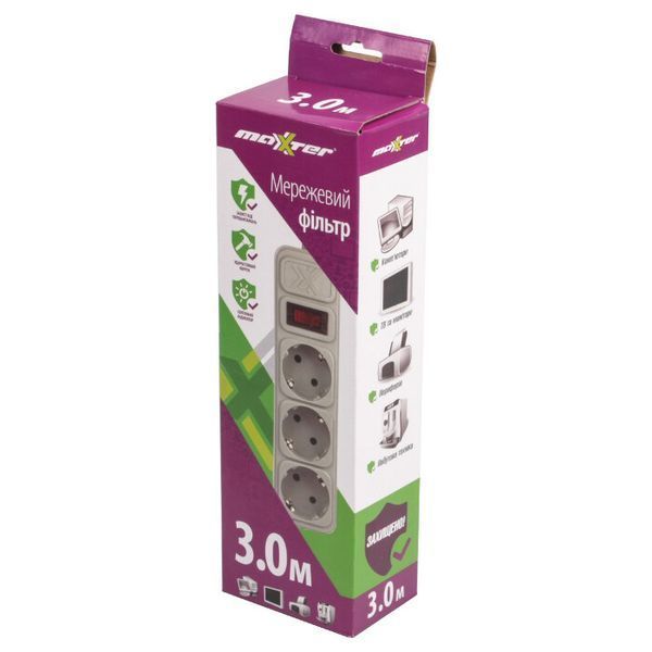 Сетевой фильтр Maxxter 3м 3-розеточный EU (SPM3-G-10G) H00000157780 фото