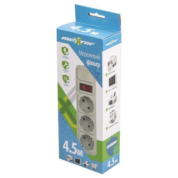 Мережевий фільтр Maxxter 4.5м 3-розеточний EU (SPM3-G-15G) H00000157781 фото