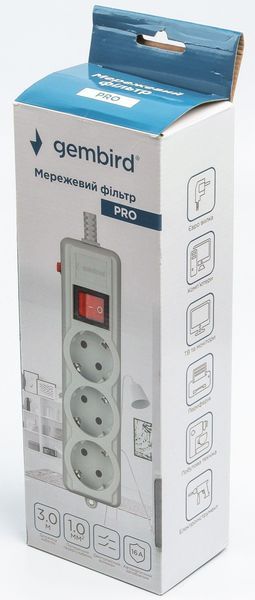Сетевой фильтр Gembird 3м 3-розеточный EU (SPG3-G-10G-PRO) H00000323678 фото