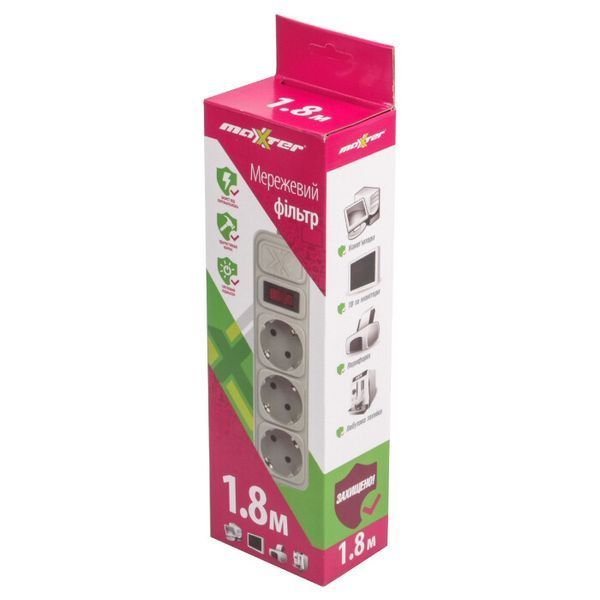 Сетевой фильтр Maxxter 1,8м 3-розеточный EU (SPM3-G-6G) H00000157782 фото