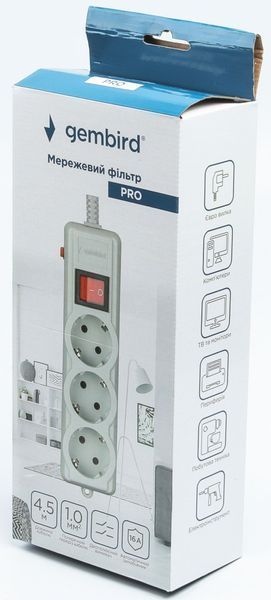 Мережевий фільтр Gembird 4.5м 3-розеточний EU (SPG3-G-15G-PRO) H00000323680 фото