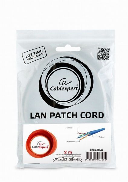 Патч-корд Cablexpert UTP Cat. 6 2 м PVC Синий (PP6U-2M/B) H00000100762 фото