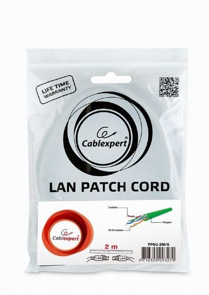 Патч корд Cablexpert UTP Cat. 6 2 м PVC Зелений (PP6U-2M/G) H00000100764 фото