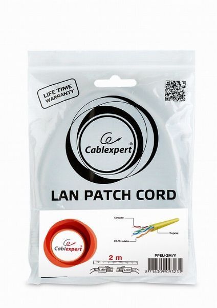 Патч корд Cablexpert UTP Cat. 6 2 м PVC Жовтий (PP6U-2M/Y) H00000100766 фото