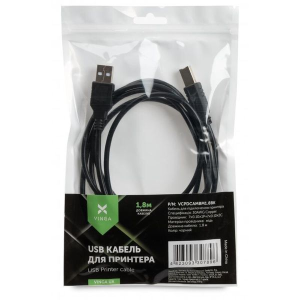 Кабель Vinga USB Type A - USB Type B 1.8 м USB 2.0 (VCPDCAMBM1.8BK) H00000204184 фото