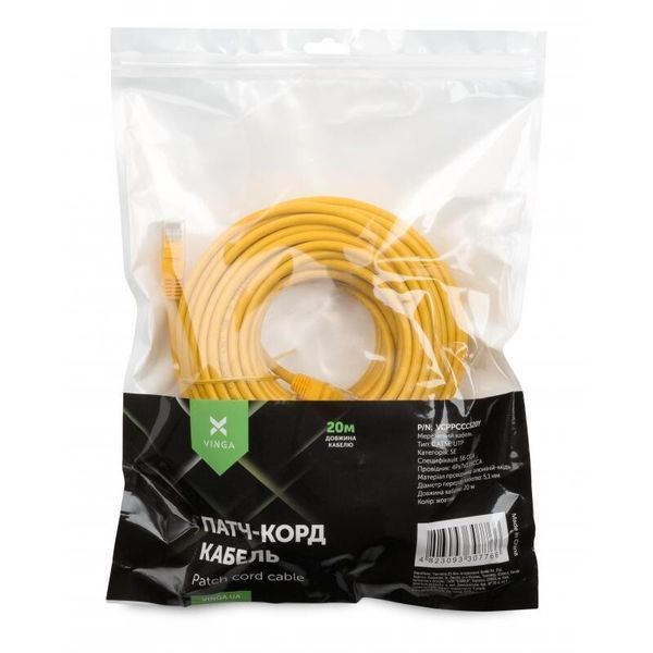Патч корд Vinga UTP Cat. 5e 20 м PVC Жовтий (VCPPCCCS20Y) H00000159135 фото