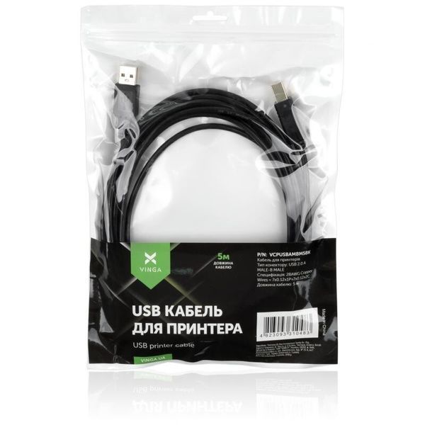 Кабель Vinga USB Type A - USB Type B 5 м (VCPUSBAMBM5BK) H00000204225 фото