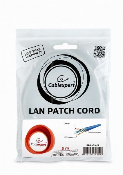 Патч-корд Cablexpert UTP Cat. 6 3 м PVC Синий (PP6U-3M/B) H00000100768 фото